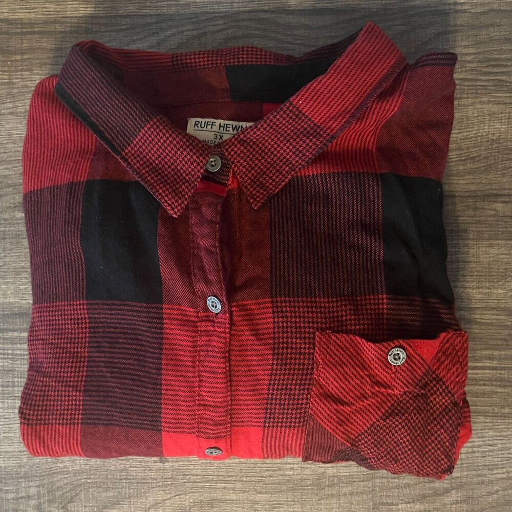 Ruff Hewn Men's 3X Plaid Flannel Red & Black Western Farm Style Flannel
